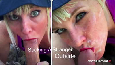 Sneaky Frau erwischt einen Fremden masturbieren im Park, dann saugt seinen Schwanz: cum auf ihr Gesicht mit Sperma auf der Straße